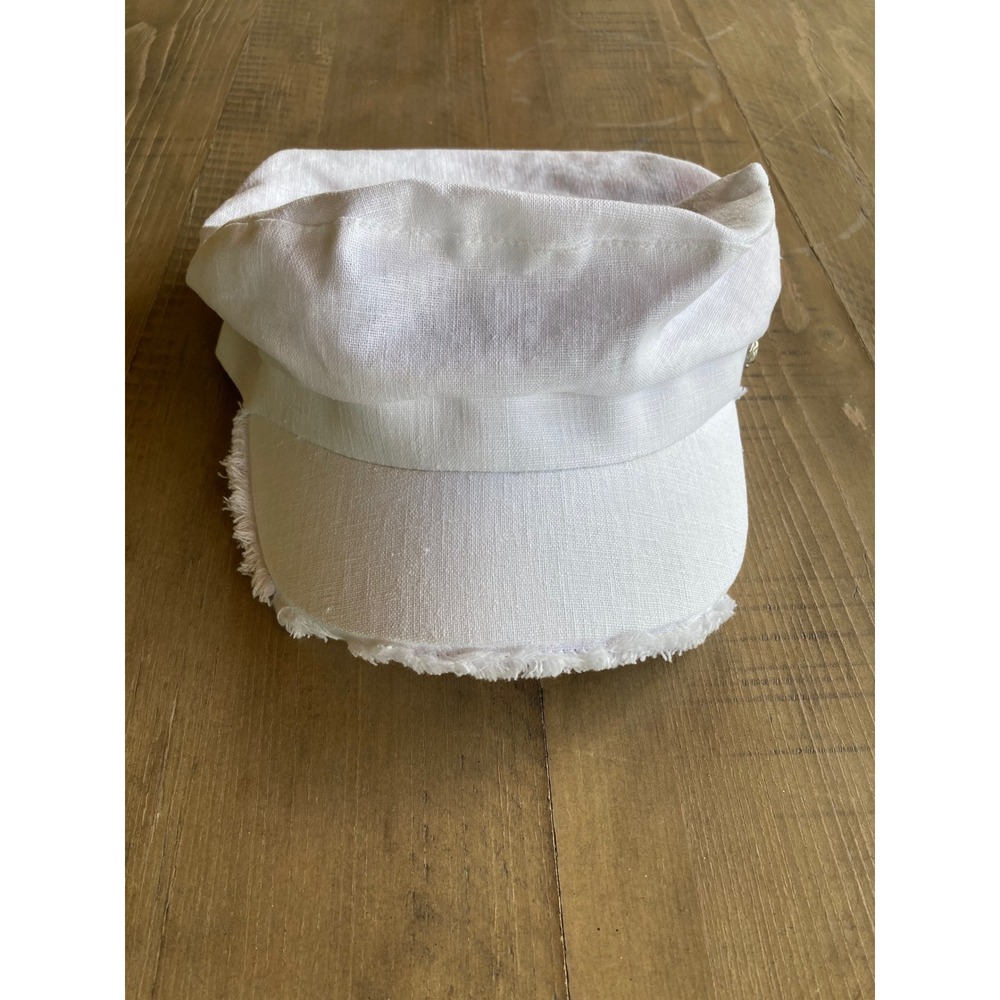 Badgley Mischka Womens White Linen Blend Newsboy Cap Frayed Brim Plaid Lining